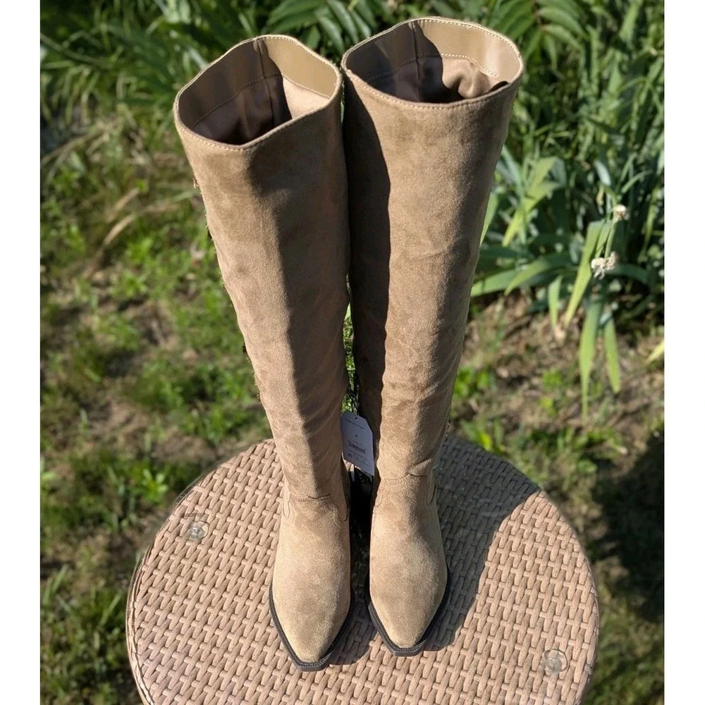 Coastal Cowgirl Western Over the Knee Taupe Boots Time & Tru Faux Suede Sz 6 NWT